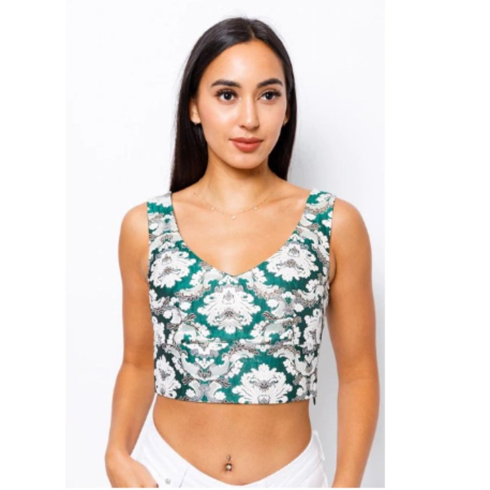 Green and Ivory Brocade Crop Top